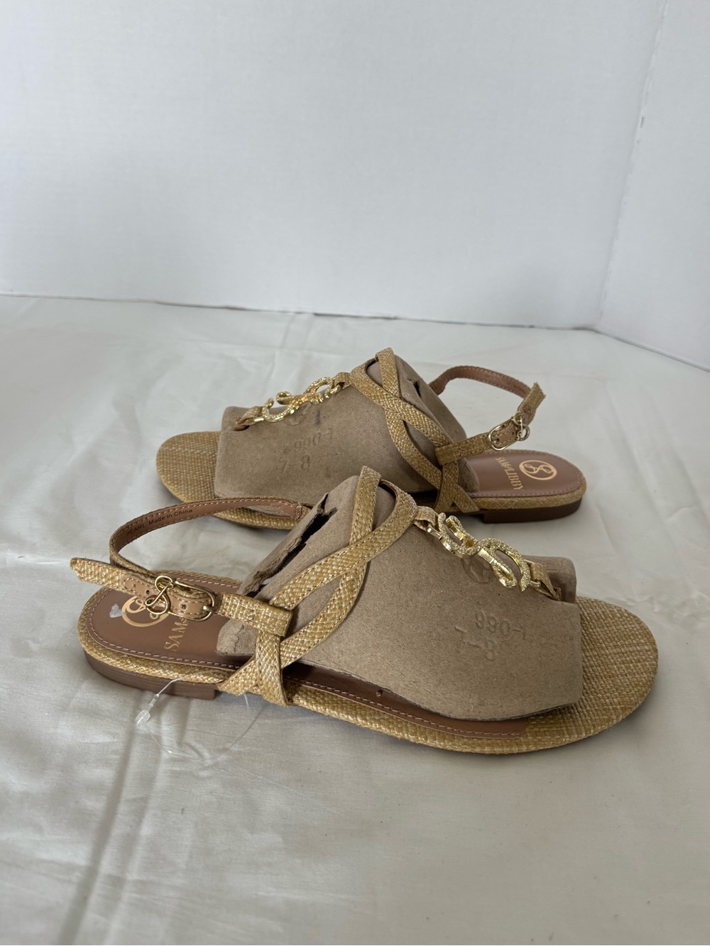 NWOT Sam & Libby Tan Braided Slingback Sandals with Gold Chain Detail Size 8.5
